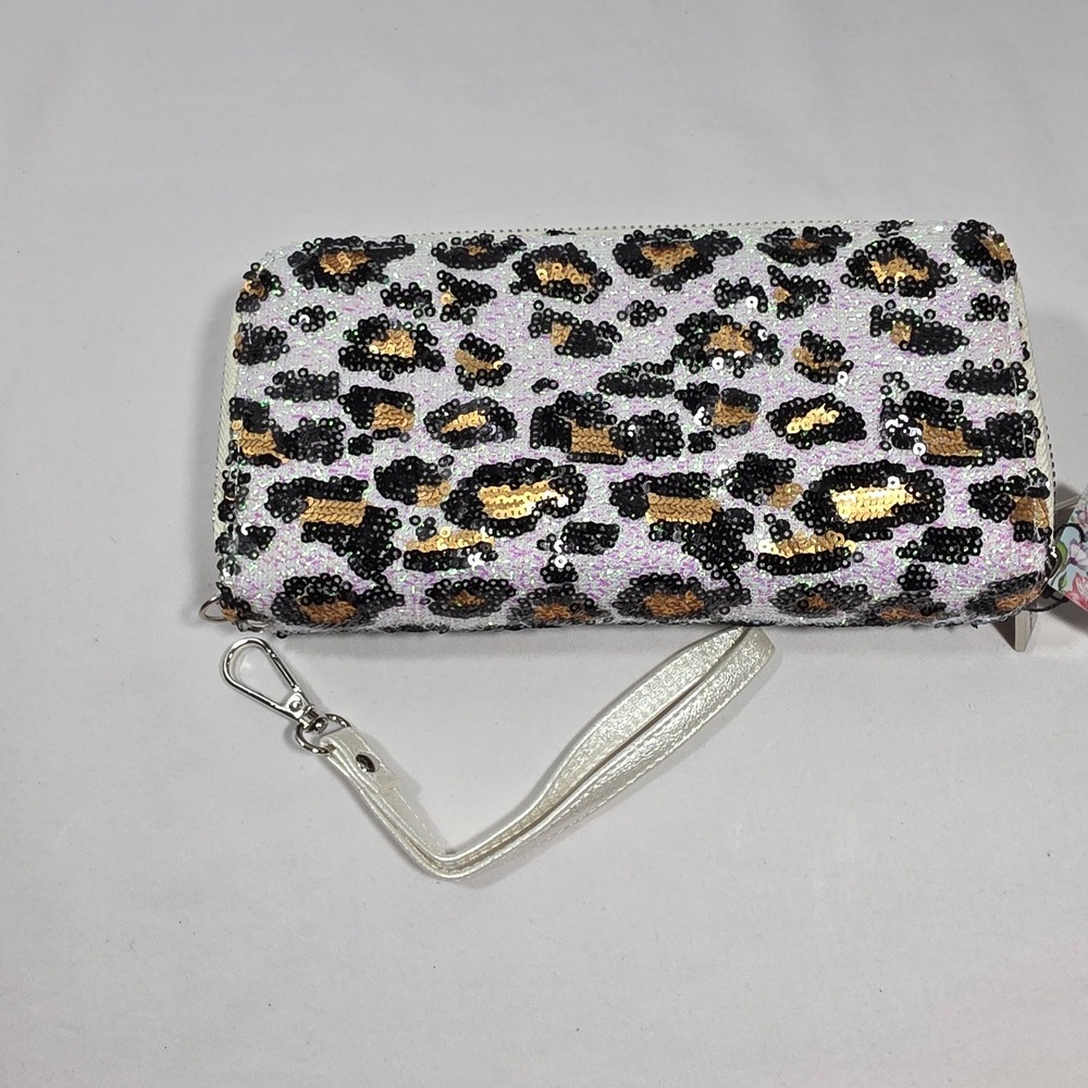 RFID blocking Sequin Leopard Print Double Zip Clutch with Wrist strap NEW